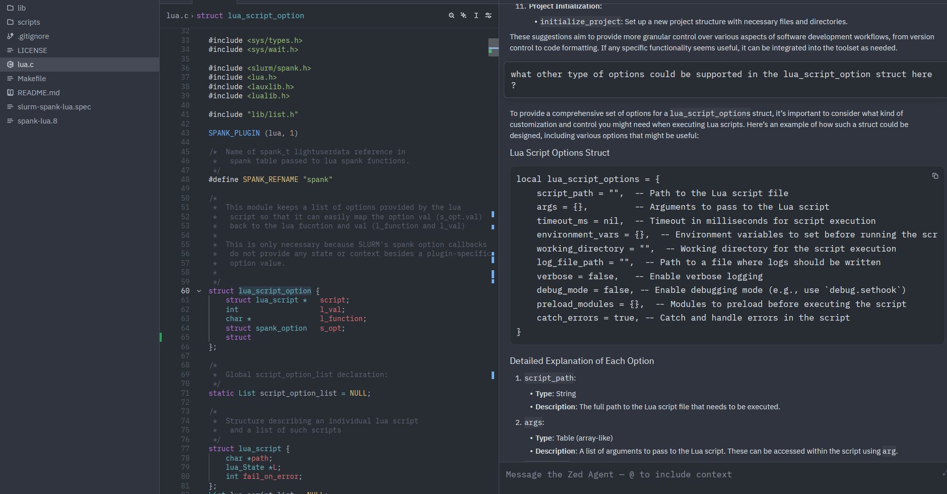 Zed assistant answering a code question via Sherlock Ollama