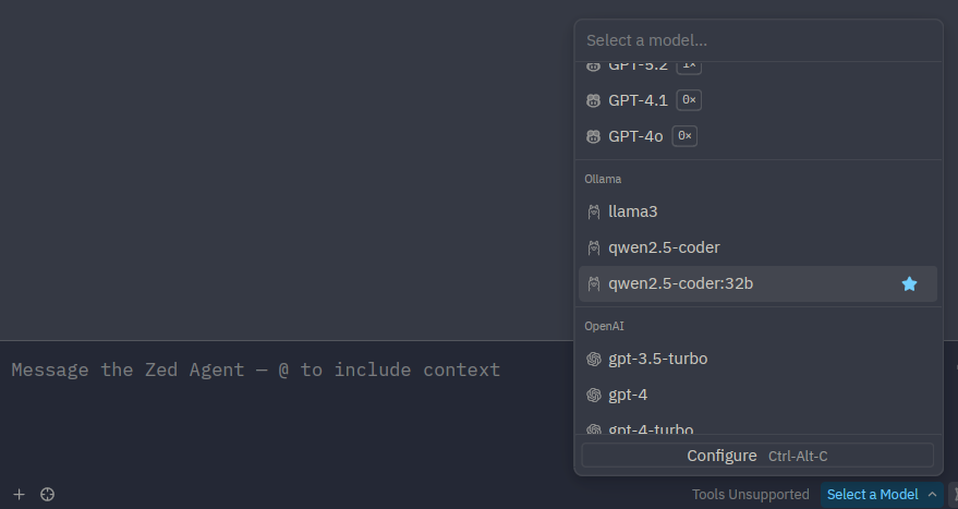 Zed model selector showing Ollama provider